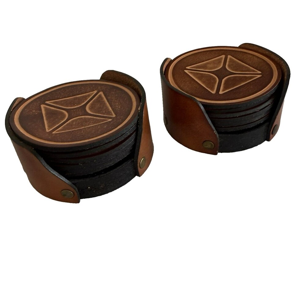 Two Vintage Leather Coaster Set w/ Holder Brown Round with Rivets 12 Count